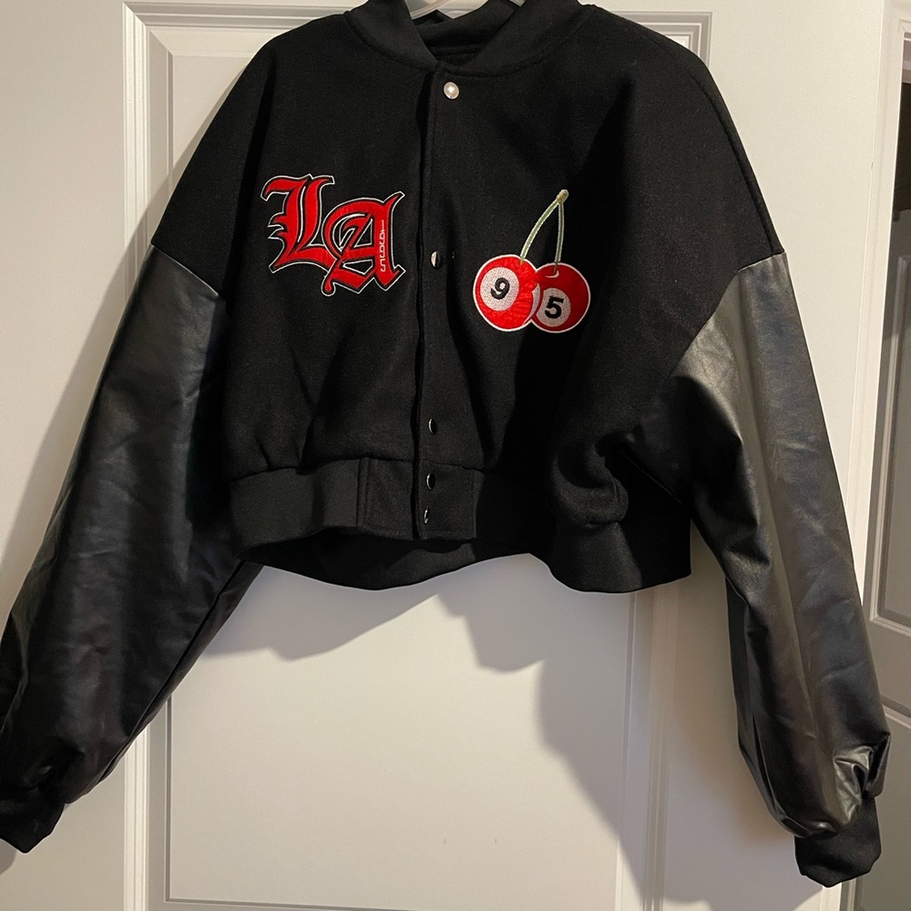 Fashion Nova Black Bomber Jacket with Red Accents